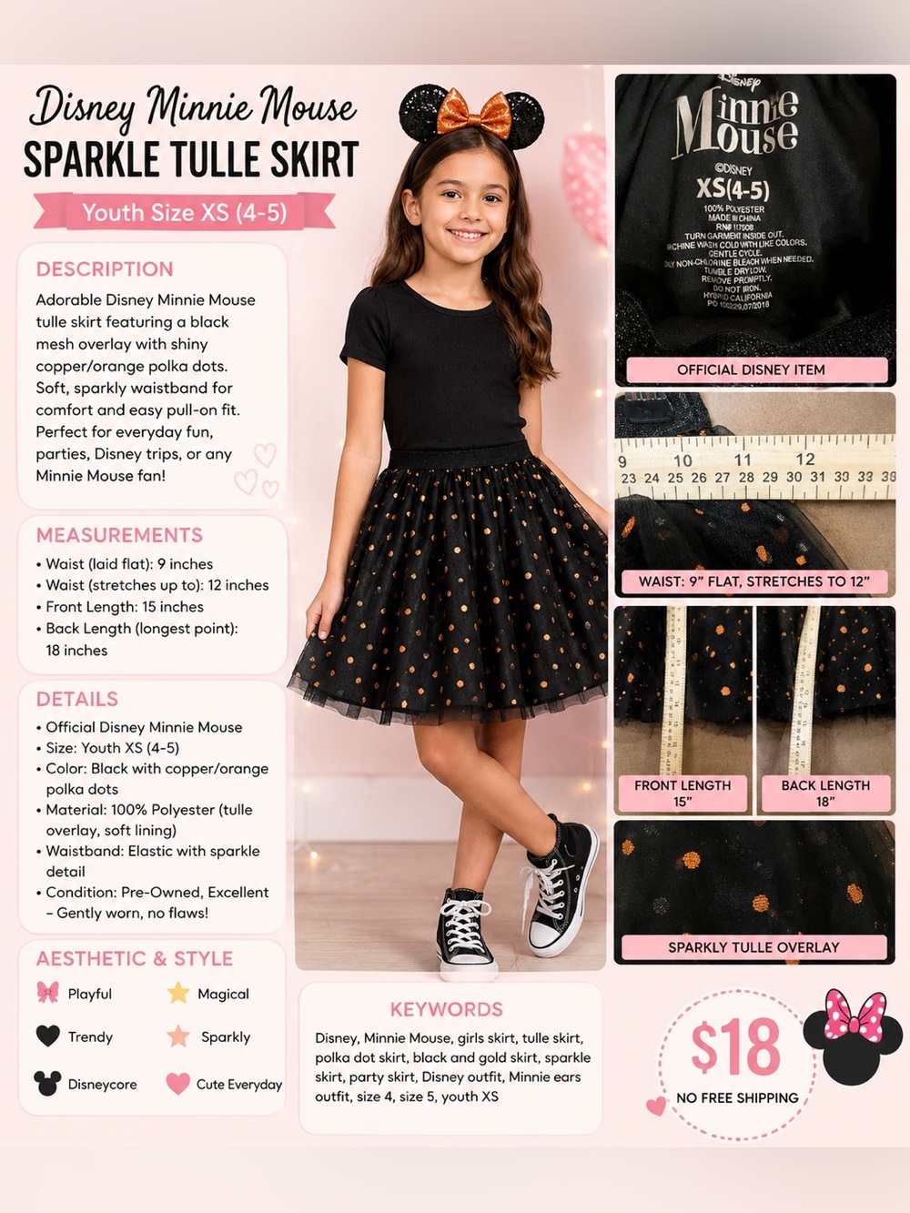 Disney Black Tulle Skirt with Gold Polka Dot Overlay